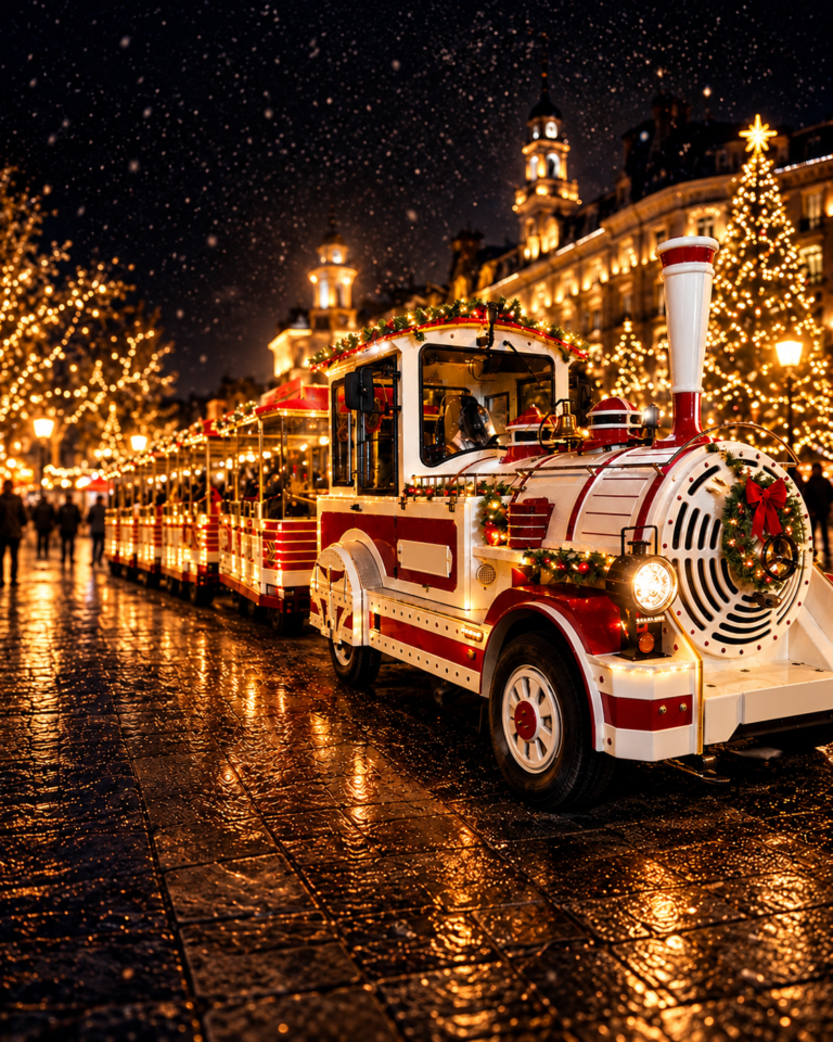 Petit train touristique sur un marché de Noël